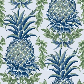 Pineapple Haven – Blue/Green on Pale Blue Linen Wallpaper -New for 2023