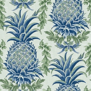 Pineapple Haven – Blue/Green on Pistachio Linen Wallpaper -New 