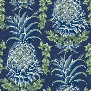 Pineapple Haven – Blue/Green on Navy-Seafoam Grasscloth-Linen Wallpaper -New 