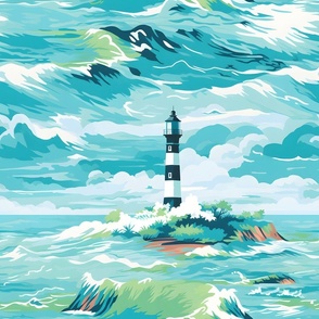 Lighthouse Wavescape – Seaglass Blue on White – New