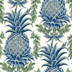 Pineapple Haven – Blue/Green on Cream Wallpaper -New for 2023