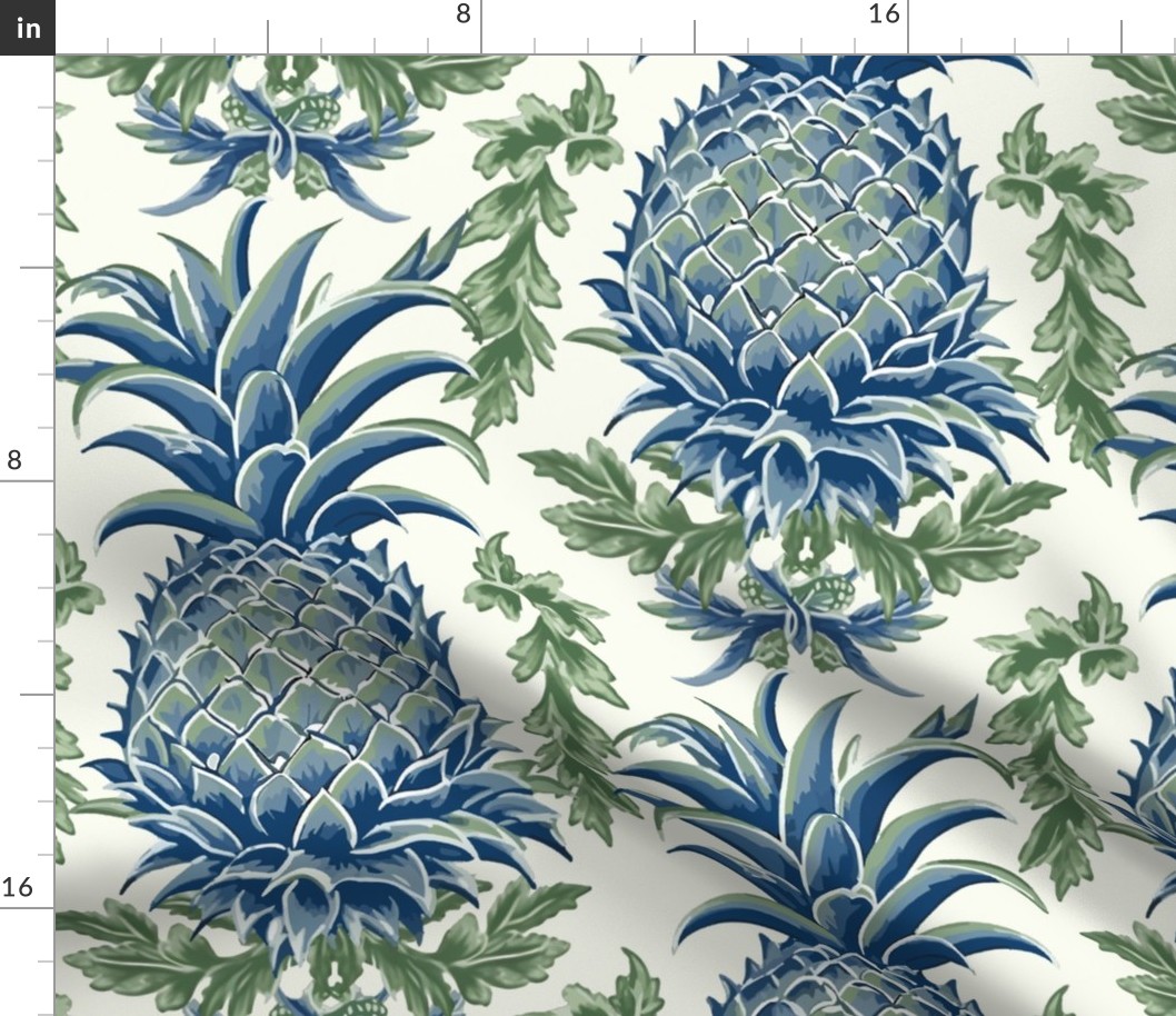 Pineapple Haven – Blue/Green on Cream Wallpaper -New 
