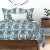Pineapple Haven – Blue/Green on Lt. Seafoam Grasscloth-Linen Wallpaper -New 