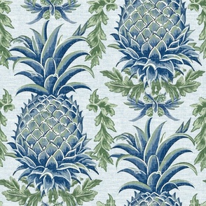 Pineapple Haven – Blue/Green on Lt. Seafoam Grasscloth-Linen Wallpaper -New 