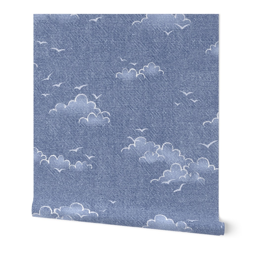 Chambray Cotton Clouds with Seagulls in Stonewash Blue (xxl scale) | Summer sky, hand drawn clouds and birds on natural cotton, chambray pattern, warp and weft weave pattern, seaside sky on stonewash denim blue, ocean decor.