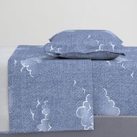 Chambray Cotton Clouds with Seagulls in Stonewash Blue (xxl scale) | Summer sky, hand drawn clouds and birds on natural cotton, chambray pattern, warp and weft weave pattern, seaside sky on stonewash denim blue, ocean decor.