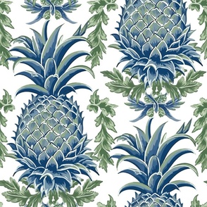 Pineapple Haven – Blue/Green on White Wallpaper -New
