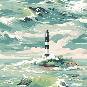 Lighthouse Wavescape –Green on Cream – New 