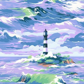 Lighthouse Wavescape – Lilac/Blue on White – New 
