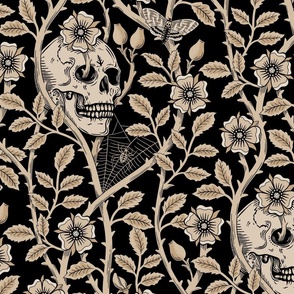 Skulls and climbing rose vines  - block print style, gothic, spooky  - monochrome antiqued neutral on black - extra large