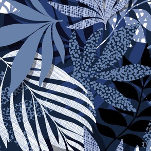 (L) Abstract Boho Botanical Palm leaves 2. Monochromatic Blue
