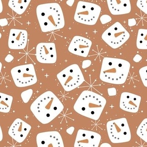 Christmas  retro fifties snacks collection - Little snowman ice cubes and snowflakes winter wonderland seasonal kawaii magic white on caramel burnt orange seventies vintage palette