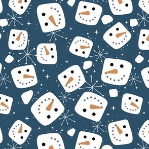Christmas  retro fifties snacks collection - Little snowman ice cubes and snowflakes winter wonderland seasonal kawaii magic white on marine blue