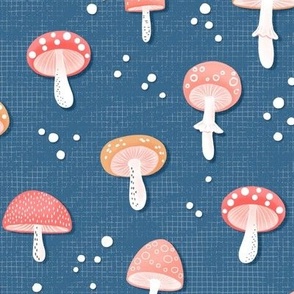 Bright red, yellow and pink mushrooms on navy blue background, large scale 