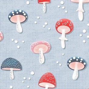 Red, pink and blue mushroom wallpaper with  light blue background with grid, large scale