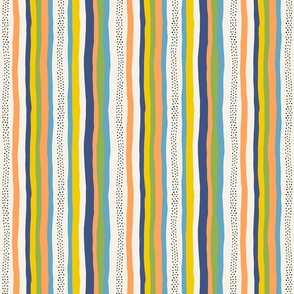 White Abstract Stripes: V5 Playful Meadow Coordinate Line Art Abstract Stripey Mod Art Green, Orange, White, Yellow - Small