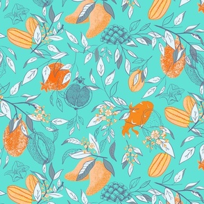 Exotic Tropical Fruits in aqua teal featuring bananas, mangos, durians, pomegranates, and star fruits