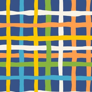 Fun Checkerboard: V5 Playful Meadow Coordinate Line Art Abstract Checks Mod Art Blue, Green, Orange, Yellow - Medium