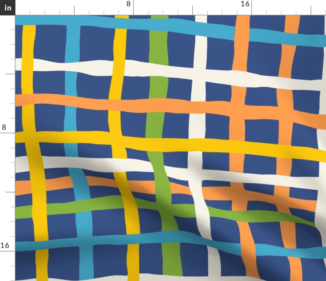 Fun Checkerboard: V5 Playful Meadow Coordinate Line Art Abstract Checks Mod Art Blue, Green, Orange, Yellow - Medium