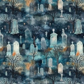 Haunted Graveyard and Night Mist Blue Moonlight with Ghosts
