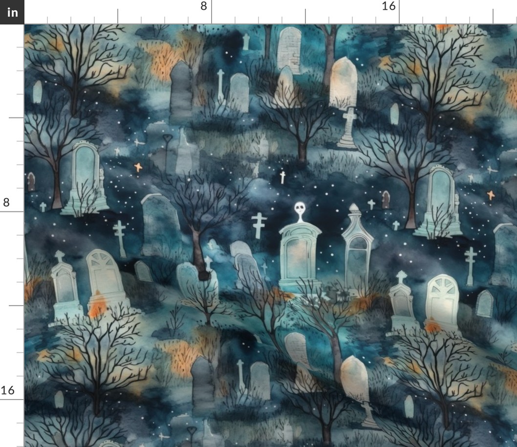 Haunted Graveyard and Night Mist Blue Moonlight with Ghosts