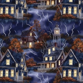 New England Haunted Village at Night with Lightning Storm