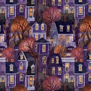 Bright Purple Haunted New England Village Watercolor