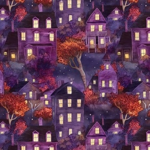 Bright Purple Haunted New England Village Watercolor