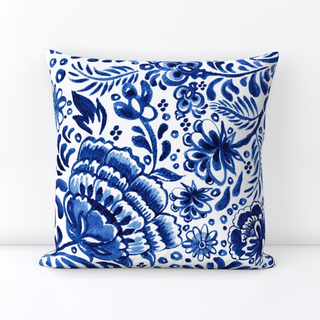 Delft blue Indian inspired flowers UPDATED*| oriental chinoiserie floral | cobalt / ultramarine / navy blue on white background | Jumbo + oversized BIGGEST