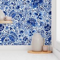 Delft blue Indian inspired flowers UPDATED*| oriental chinoiserie floral | cobalt / ultramarine / navy blue on white background | Jumbo + oversized BIGGEST