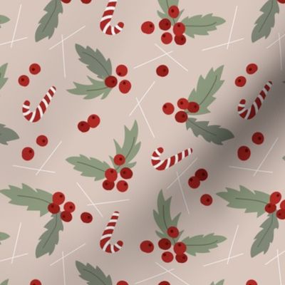 Christmas  retro fifties snacks collection - seasonal sandy canes mistletoe and berries garden boho holidays olive green red on blush beige