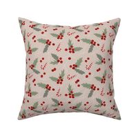 Christmas  retro fifties snacks collection - seasonal sandy canes mistletoe and berries garden boho holidays olive green red on blush beige