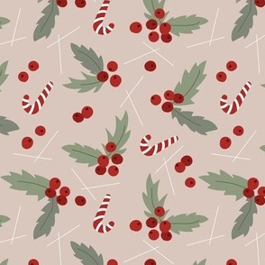 Christmas  retro fifties snacks collection - seasonal sandy canes mistletoe and berries garden boho holidays olive green red on blush beige