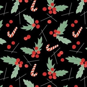 Christmas  retro fifties snacks collection - seasonal sandy canes mistletoe and berries garden boho holidays sage green ruby red on black