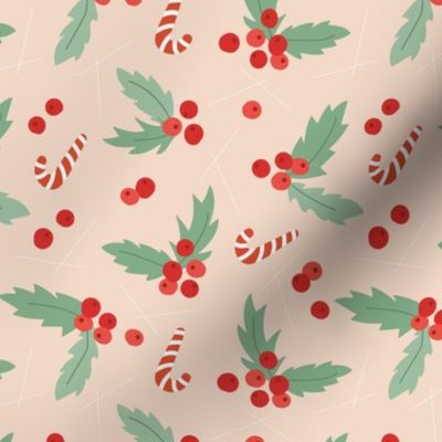 Christmas  retro fifties snacks collection - seasonal sandy canes mistletoe and berries garden boho holidays mint green red on blush beige