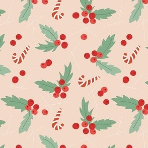 Christmas  retro fifties snacks collection - seasonal sandy canes mistletoe and berries garden boho holidays mint green red on blush beige