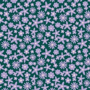 Sweet ditsy flowers daisies poinsettia and lilies retro winter seasonal blossom - Christmas snacks collection lilac purple on teal green