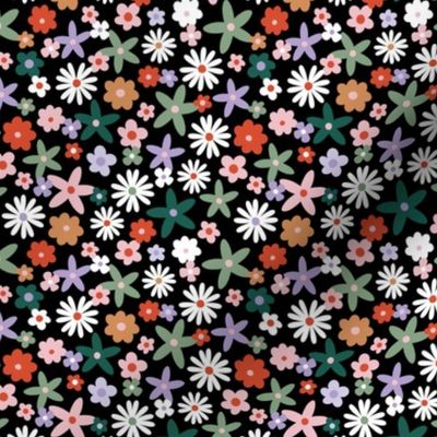 Sweet ditsy flowers daisies poinsettia and lilies retro winter seasonal blossom - Christmas snacks collection  red orange sage green pine lilac and pink on black