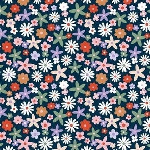 Sweet ditsy flowers daisies poinsettia and lilies retro winter seasonal blossom - Christmas snacks collection pink red lilac olive green on navy blue