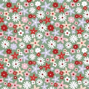 Sweet ditsy flowers daisies poinsettia and lilies retro winter seasonal blossom - Christmas snacks collection lilac pink red on olive green