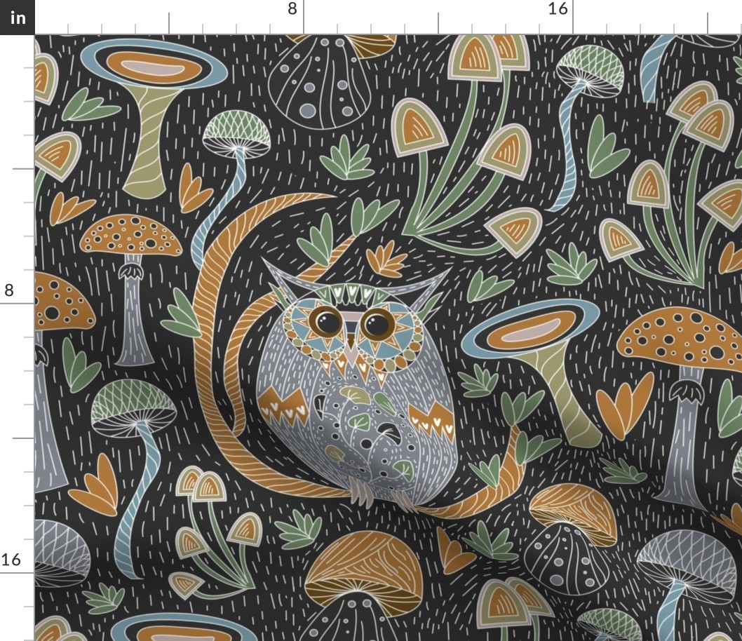 Gothic quirky wallpaper with mushrooms and decorative owl