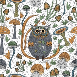  Decorative cat owl with mushrooms in Gothic style on a white background
