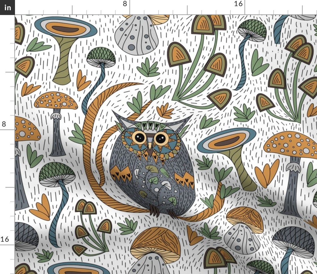  Decorative cat owl with mushrooms in Gothic style on a white background