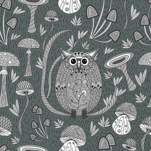 Design with a black and white owl and mushrooms in black and white gray shades on a gray background