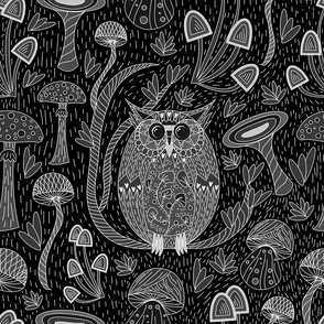   Design with a black and white owl and mushrooms in black and white gray shades
