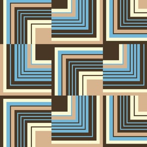 1970s Retro Modern Op Art Stripy Squares in Blue and Brown 