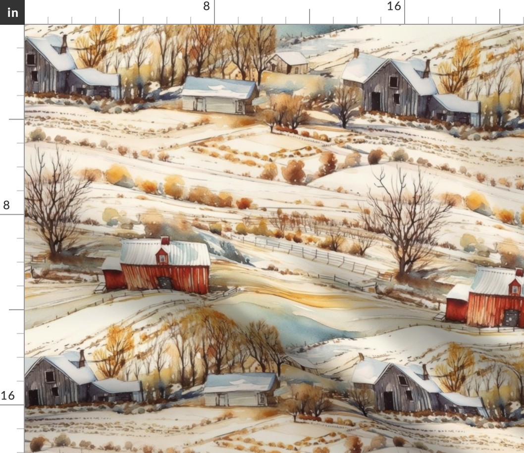 Winter Snowy Farm Landscape Watercolor