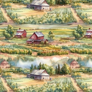 Summer Farm Landscape Watercolor