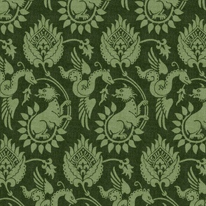 14th Century Damask with Winged Serpents, forest green
