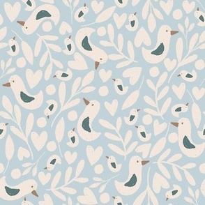 Ditsy birds and leaves in light blue small scale 8x8